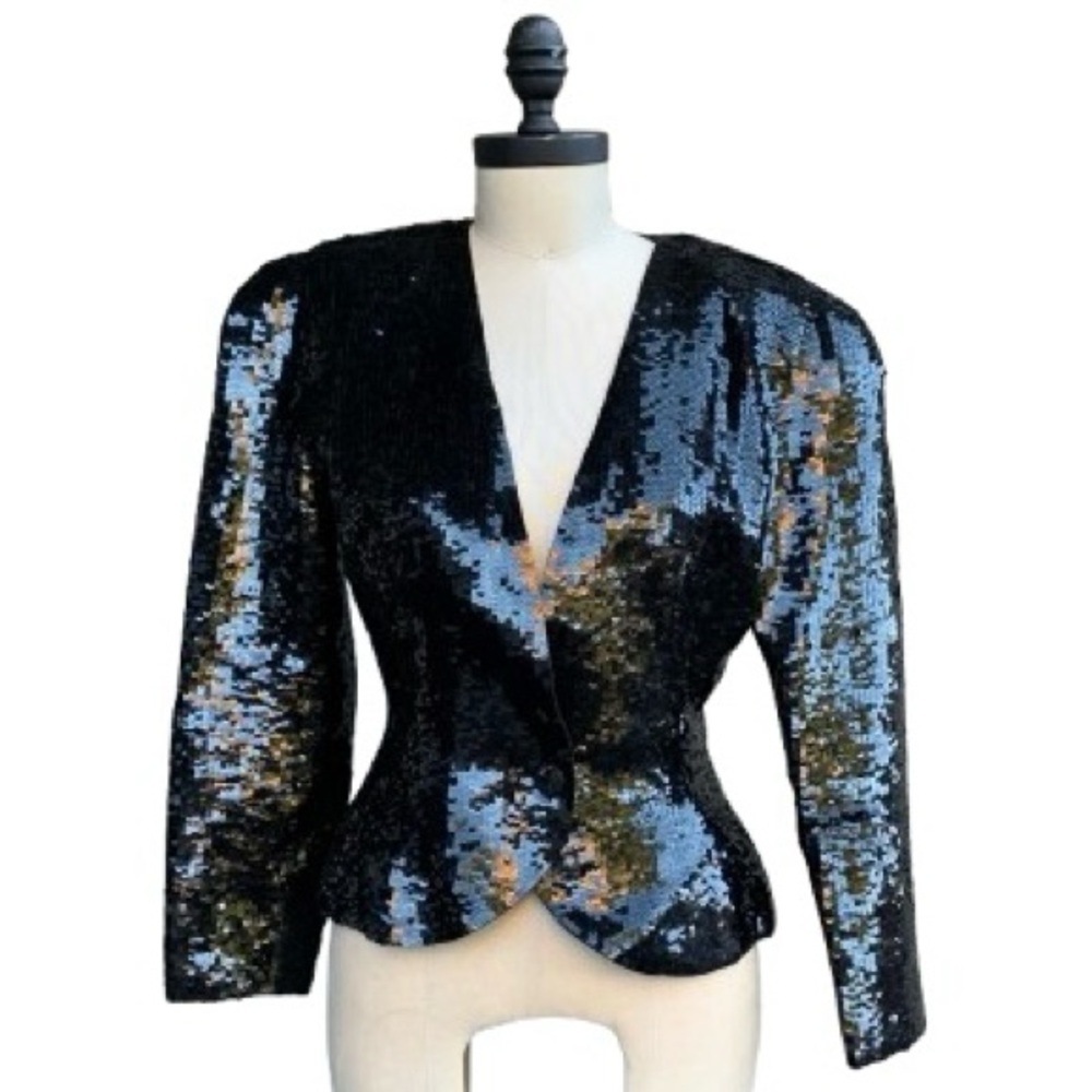 Vintage 80s Black Sequined Silk Peplum Blazer Formal Holiday Jacket Oleg Cassini